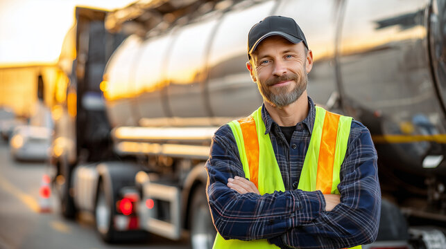 Smiling tanker truck driver in safety vest standing in industrial yard, transport and logistics worker portrait with vehicle background.