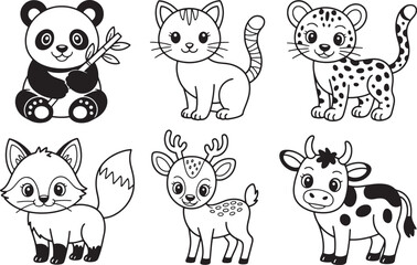 Obraz premium Kawaii Animal Characters Line Art Collection