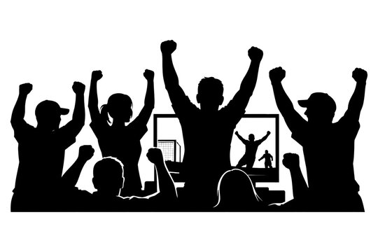 Black silhouette of a group of people, sports fans, watching and celebrating a football match on TV, isolated on a transparent background.