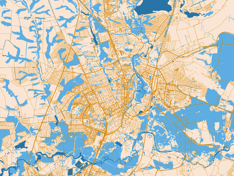 Minimal city map of Kursk, Russian Federation with cream map with golden roads