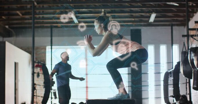 Woman squatting, doing box jumps for fitness, HUD icons overlaying subjects, man skipping rope