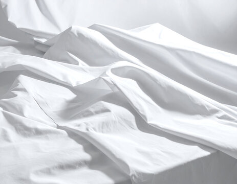 Crisp white crumpled bed sheets under soft natural light. This minimalist abstract texture represents purity and comfort, ideal for laundry, home decor, or luxury hospitality projects.