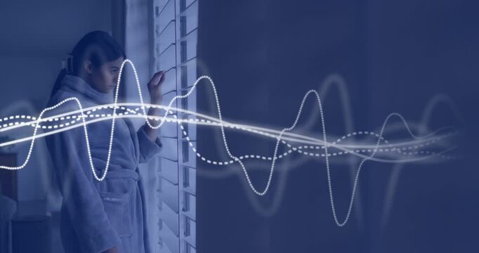White waveforms sweeping right causing woman at shutters sliding hand and peering outward