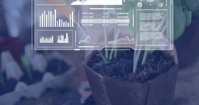 Woman pouring from orange spout can, causing HUD fading and cycling charts, tracking plant growth