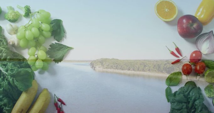 Coastal view staying fixed, frames progressing, produce fading in to frame scene for food marketing