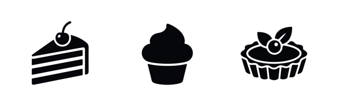 A minimalist set of black dessert icons featuring a layered cake slice with a cherry, a swirled cupcake, and a fruit tart on a white background.