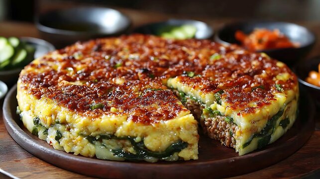 Golden Crispy Layered Savory Rice Dish with Meat  Greens Filling with Slice Cut.