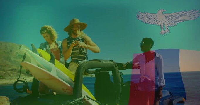 Man securing boards on surf jeep reaching bottle and sparking toast with eagle overlay upper-right