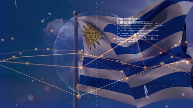 Waving Uruguay flag on metal pole in deep-blue sky, showing globe mesh, nodes and code