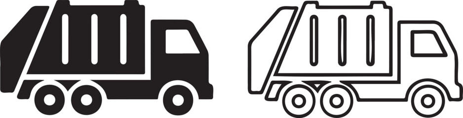 Garbage truck vector icons in solid and outline styles, waste management vehicle symbols, sanitation and recycling truck graphics for urban services © usmi