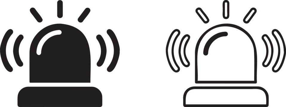 Emergency siren flasher icons, black and white police light vector set, flashing alarm signal symbols for security and warning systems