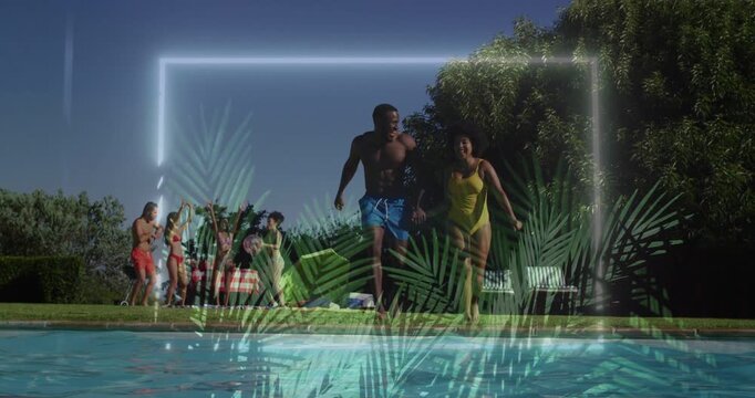 Friends cheering urging man and woman running to pool jumping while neon frame showing splash party