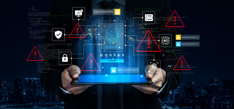 A business professional stands in a dark urban setting holding a tablet that displays a range of cybersecurity warnings and digital threats, highlighting modern security challenges. Ledger