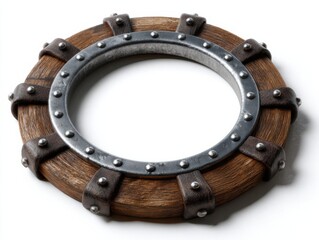 Obraz premium Wooden steering wheel with metal rivets and leather accents on white background