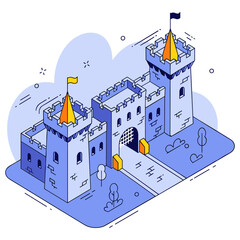 Fototapeta premium Colorful cartoon medieval castle with towers and flags in a cloudy sky. No editable stroke