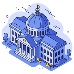 Naklejka premium Blue isometric illustration of a classic government building with dome and columns. No editable stroke