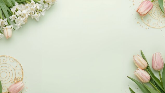 Pastel tulip and white bloom border PowerPoint background with gold accents for spring, wedding, Mother's Day