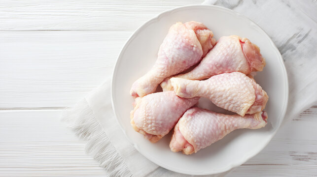 Top view of raw chicken legs on a white ceramic plate, fresh drumsticks on a clean white surface, ideal for cooking, food preparation, and ingredient concept.