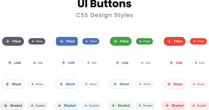 UI buttons CSS design styles. Filled, ghost, link, shaded variations. Active, inactive states, color hover, outline effects. Interactive web, mobile components, call-to-action. CTA user app interface