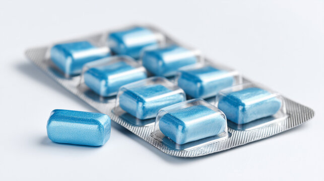 Blue chewing gum tablets in blister pack on white background, fresh mint candy concept with clean minimal style, close up product presentation for hygiene and freshness.