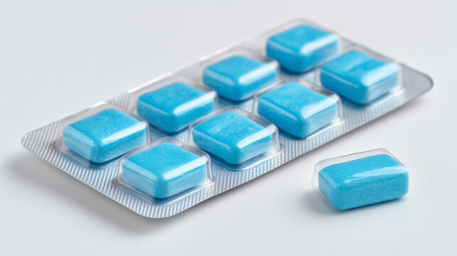 Blue chewing gum tablets in blister pack on white background, fresh mint candy concept with clean minimal style, close up product presentation for hygiene and freshness.