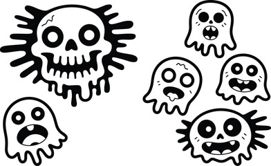 Fototapeta premium Halloween ghost faces, spooky skull illustration, scary cartoon icons, creepy haunted artwork, black and white design, flat vector illustration