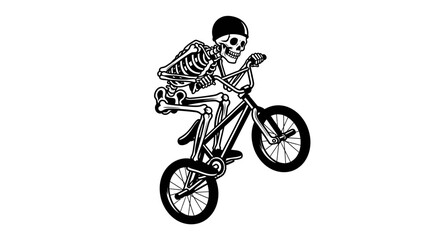 Fototapeta premium Skeleton riding a BMX bike performing a wheelie stunt, black and white vector illustration of an extreme cyclist