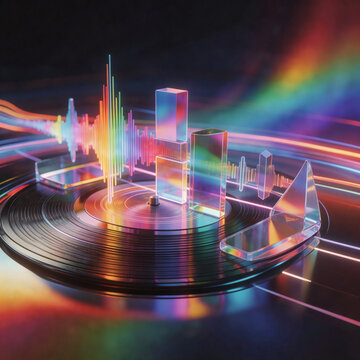 Abstract modern art album cover with dynamic sound waves as tangible light beams. High saturation rainbow gradients and cyber neon lights create optical dispersion. Ideal for music visualization.