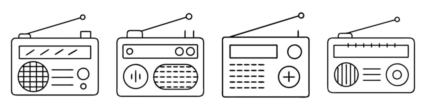 Outlined vintage radios with tuning dials and antennas in a row