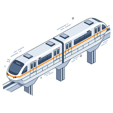 Modern monorail train on elevated tracks with minimalist design and speed lines. No editable stroke