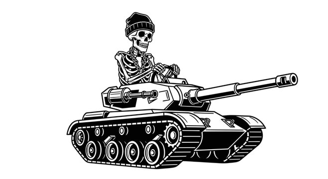 Skeleton Wearing Beanie and Gold Chain Driving a Military Tank Vector Illustration