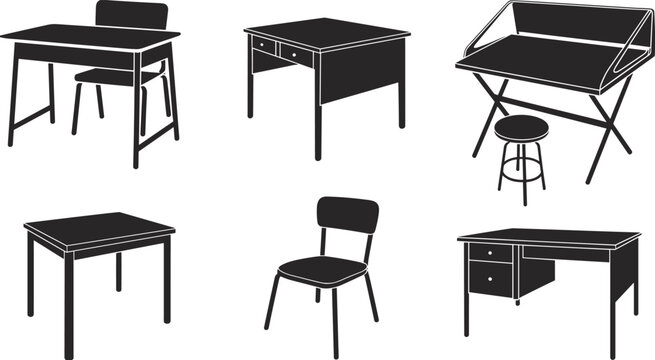 Flat vector illustration of office furniture silhouettes, desks, chairs, tables, modern workspace design elements, minimalist black icons set
