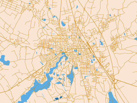 City map of Leskovac, Serbia &mdash; light cream city field with mustard-gold linework and vivid blue lakes, rivers and waterways