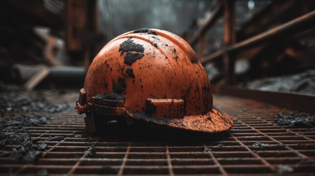 A well-worn orange safety helmet, bearing marks of construction work and industrial environments, displayed on a metal grate.