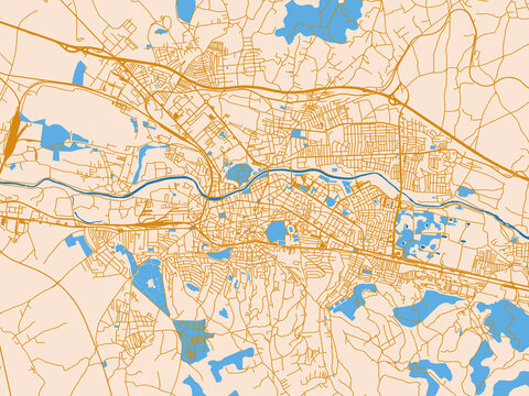 Urban map poster of Nis, Serbia with warm neutral map design featuring golden roads, pale cream land and bright blue water accents