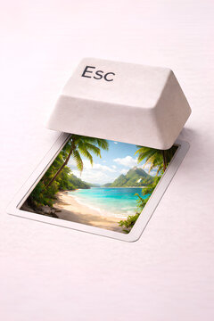 ESC keyboard key opening to tropical paradise beach concept of escaping digital world