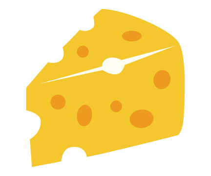 Cheese block and slice with holes, dairy product, delicious food ingredient. Tasty snack, melted cheese, French cuisine. Hand drawn doodle style flat vector illustration isolated on white background