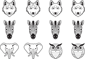 Fototapeta premium Minimalist animal head icons featuring a wolf, zebra, elephant, and owl