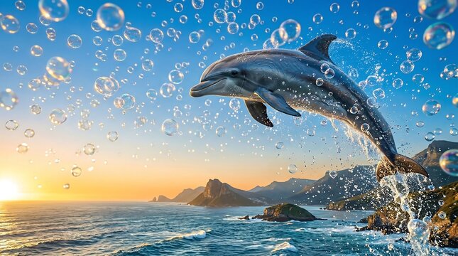 Dolphin jumps out of ocean waves at sunset