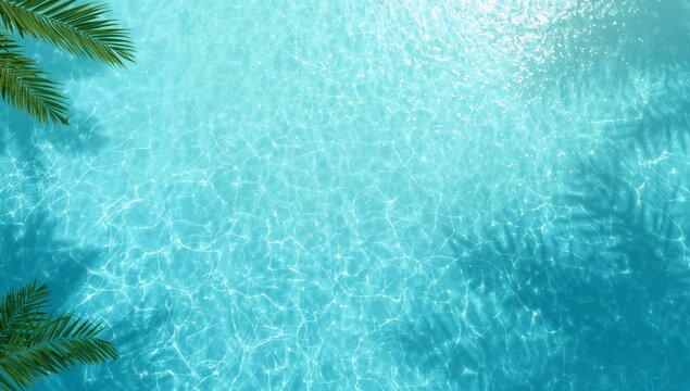 Top view turquoise pool water with palm leaves &mdash; PowerPoint background for summer and tropical slides