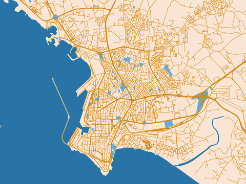 Urban map poster of Latakia, Syrian Arab Republic &ndash; mustard-gold streets on cream