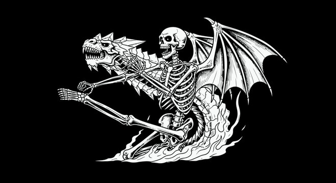 Gothic Skeleton Warrior Riding an Undead Dragon Beast, Dark Fantasy Vector Illustration for T-Shirt Print