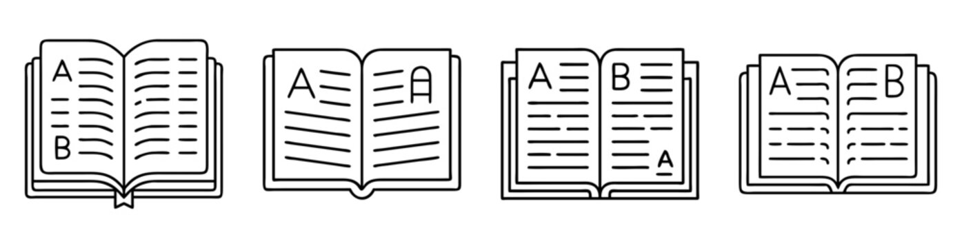 Set of outlined open books with letters A and B and filled text