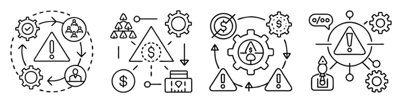 Four distinct risk management strategy depictions in a simple black and white style