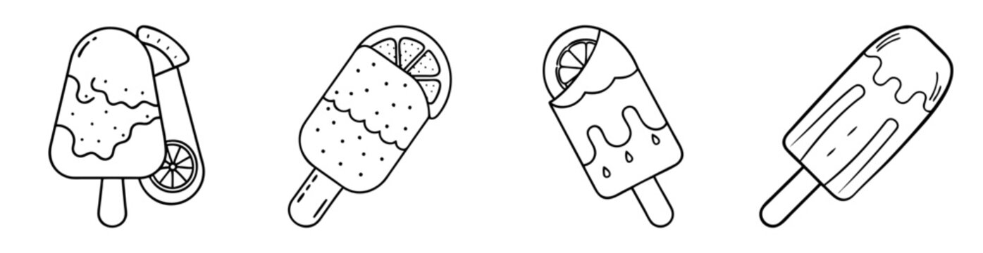 A collection of various popsicle designs in black and white line art