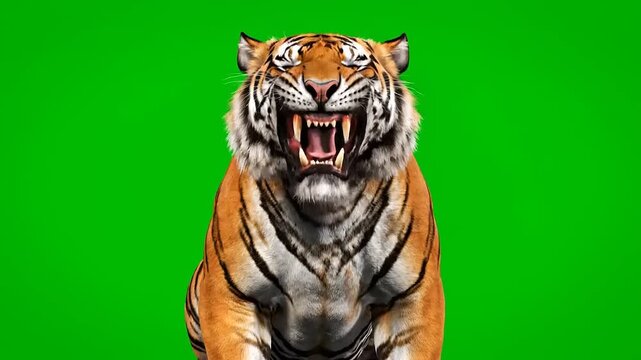 Close-up view of a fierce tiger roaring on a vibrant green screen background, showcasing its powerful presence and predatory nature