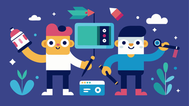 Flat design, cartoon characters, DIY tools, electronics