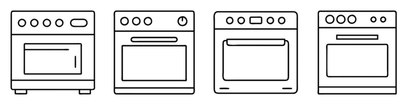 Four illustrations of different styles of cooking stoves in black and white