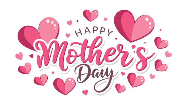 Happy Mother's Day lettering, pink heart vector isolated on Transparent Background