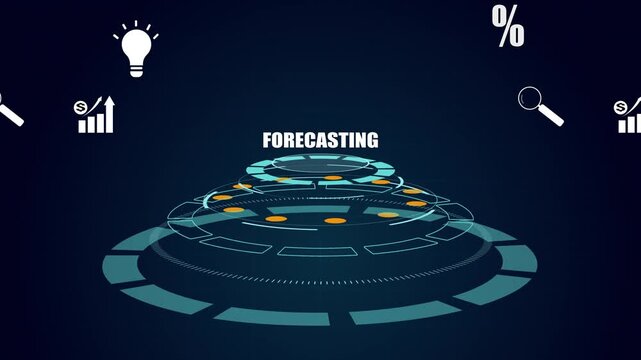 Future forecasting in futuristic technology interface, business data prediction with hud elements, smart manufacturing system and market analysis.
